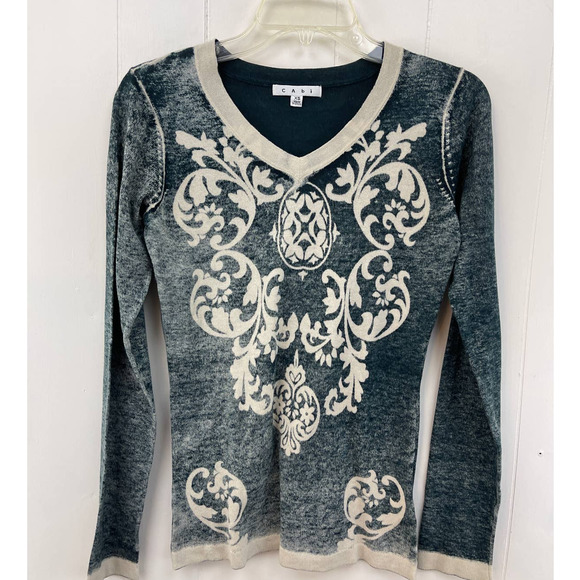 Cabi Womens Blue White Sweater Size XS Cotton Cashmere Blend V Neck Lightweight - Picture 1 of 11